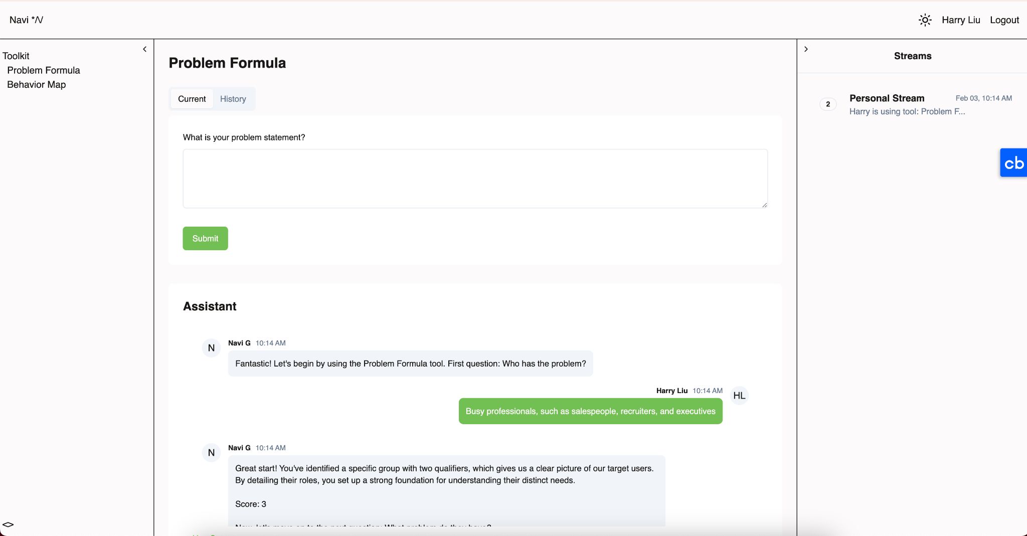 Navi's Problem Formula tool with its AI assistant