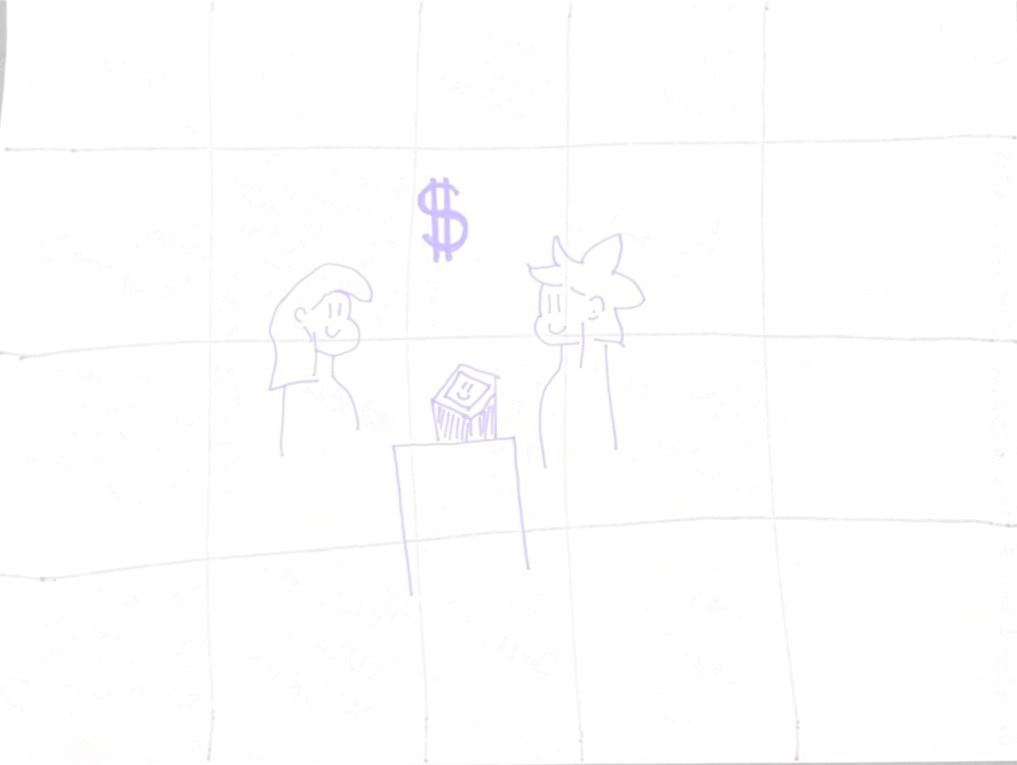 Sketch of two people at a counter with a tip jar