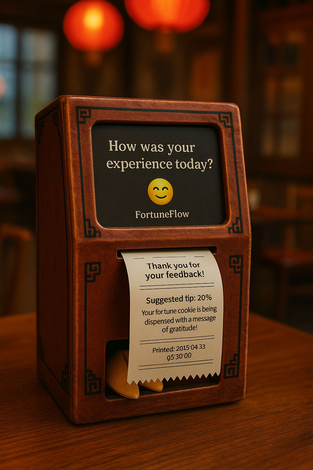 FortuneFlow — a countertop kiosk that prints a receipt and dispenses a fortune cookie