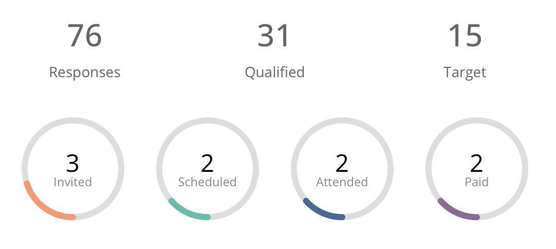 Recruiting funnel: 76 responses, 31 qualified, 15 target, 2 interviews completed