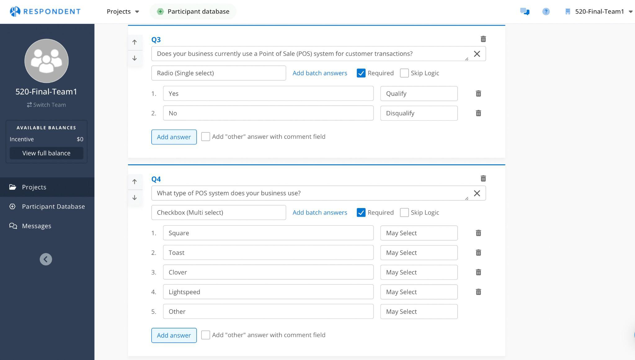 Respondent screener with qualifying questions about POS usage