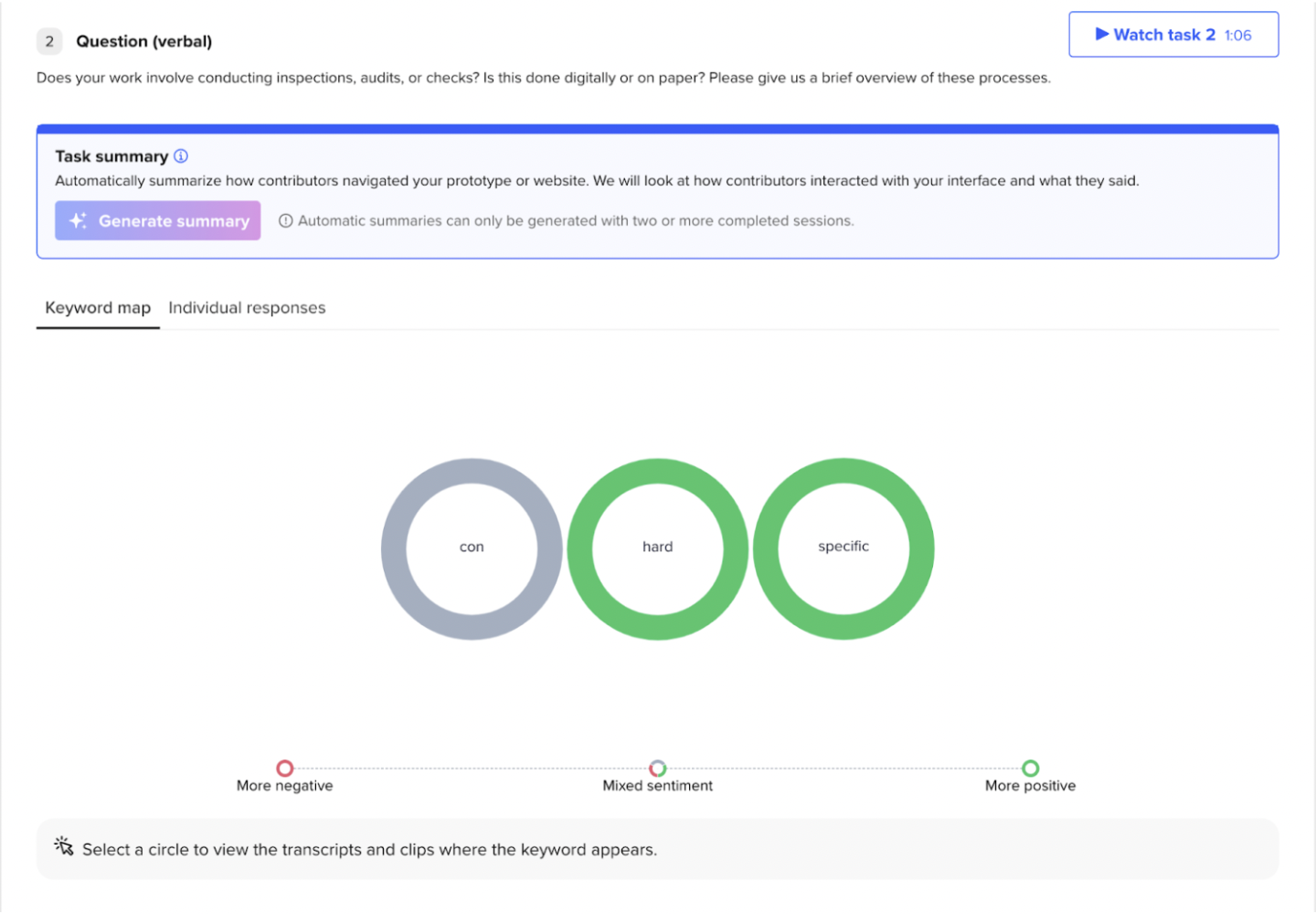 Question 2 — inspections, digital or paper, with sentiment keyword map