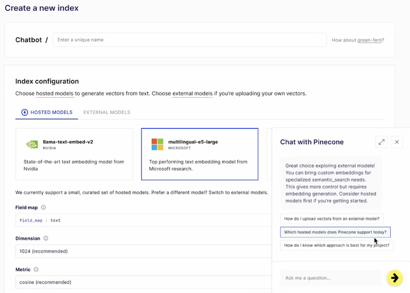 Chat with Pinecone panel inside the create-index flow