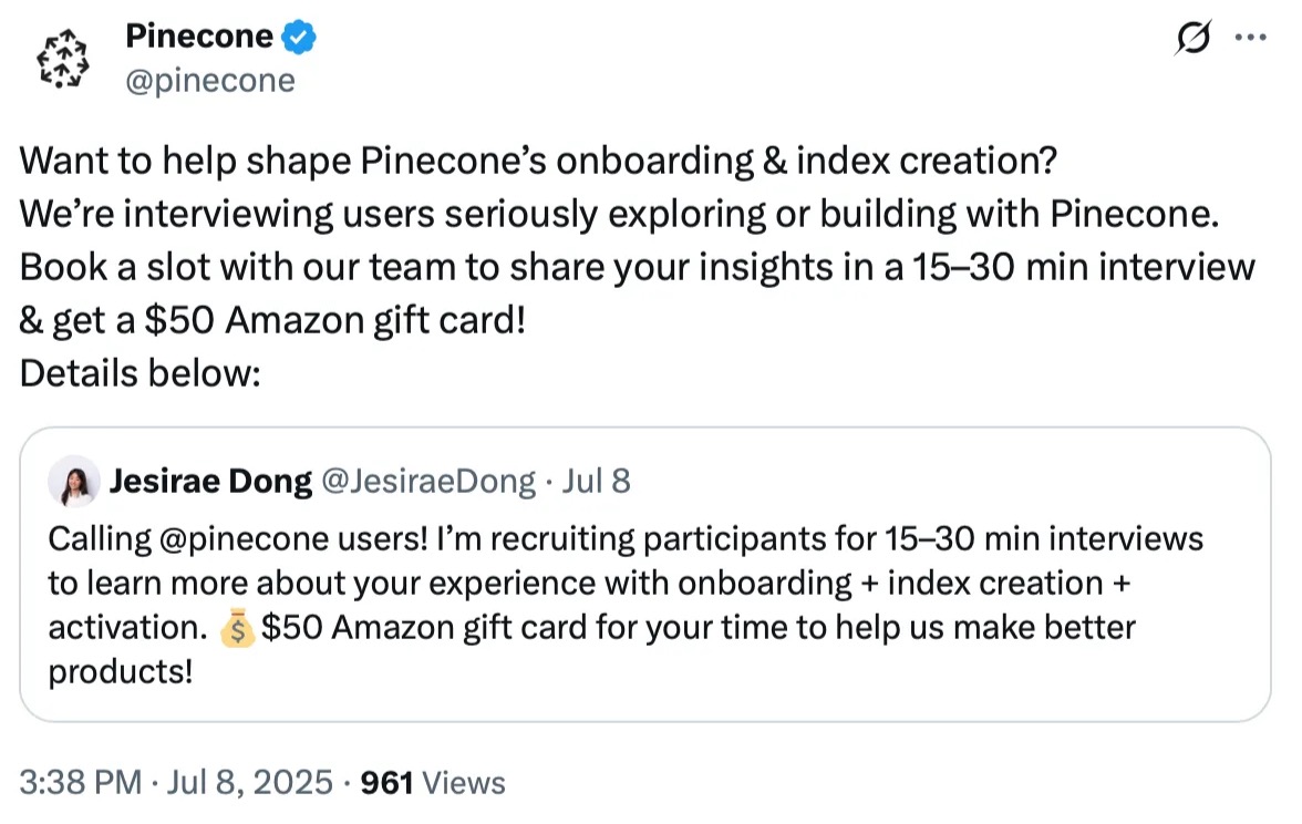 Pinecone recruitment post on X